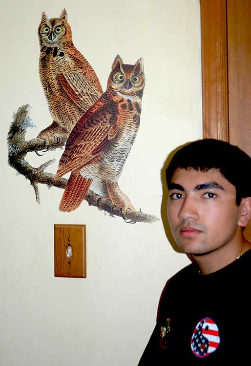 webmaster/marketer Jonathan shown with Audubon's 'Great Horned Owls