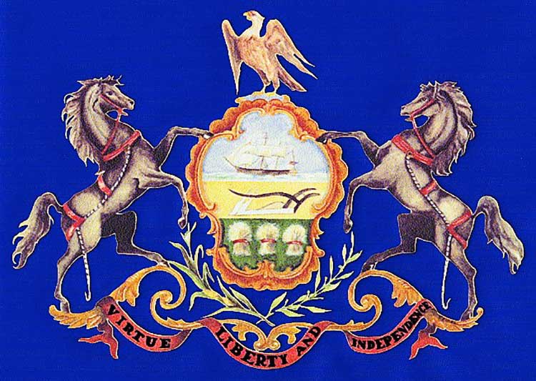 one of the first print & cut designs ever, made for the Pennsylvania Attorney General, with crest, animals and a ribbon reading 'Virtue Liberty And Independence' with the background cut out