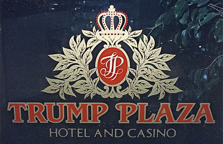 screen printed glass with 'Trump Plaza Hotel and Casino' and the Trump Plaza logo